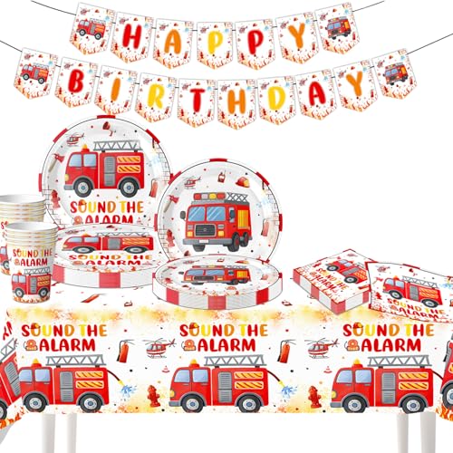 Feuerwehrwagen Partygeschirr set, 52 Stück Feuerwehr Deko Kindergeburtstag - Pappteller, Becher, Servietten, Tischdecke & Banner, Party Deko für Jungen und Mädchen​ von Chaopisz