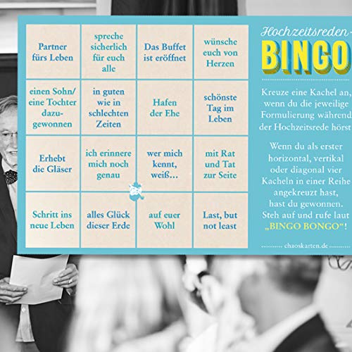 Chaoskarten Hochzeitsreden-Bingo + Platzkarten Original – 55 Blanko Tischkarten Deko Namenskarten für die Hochzeit von Chaoskarten