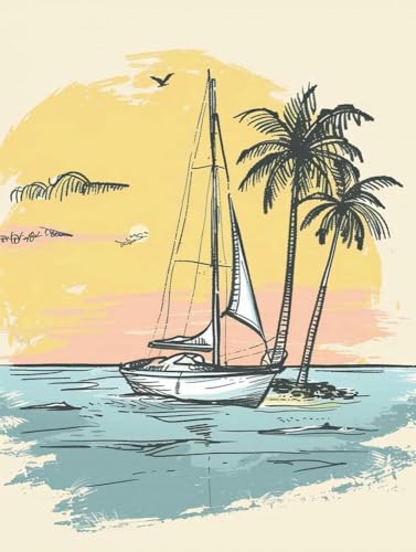 Chaozhirui DIY Kreuzstich-Stickset Kreuzstichpackung „Segelschiff und Kokosnussbaum“ mit Aquarell-Meereslandschaft Kreuzstich-Set aus Baumwolle, 11CT-40X50CM von Chaozhirui