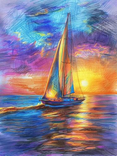 Chaozhirui DIY Kreuzstich-Stickset Segelschiff auf See Kreuzstichset Sonnenaufgangslandschaft Kreuzstich-Set aus Baumwolle, 11CT-40X50CM von Chaozhirui