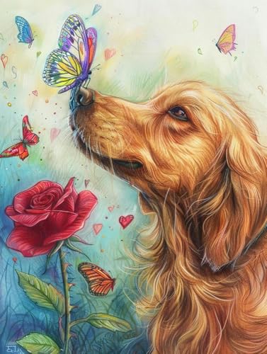 Chaozhirui DIY Kreuzstich-Stickset Stickpackung: Hund und bunte Blumen Kreuzstich-Set aus Baumwolle, 11CT-40X50CM von Chaozhirui