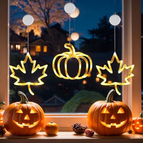 3 Stück Herbst Deko, Herbstdeko Fenster, Ahornblatt Licht, Kürbis, Herbst Lichterkette mit Saugnapf, Batteriebetriebene Fensterdeko Herbst für Herbstdeko und Weihnachtsdeko Halloween Deko (Herbst) von Charfia