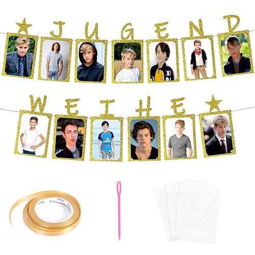 Jugendweihe Deko Fotowand, Glitzer Gold Deko Banner, inkl. 13 Kraftpapier Karten, Jugendweihe Geschenke für Fotogirlande, Deko Jugendweihe für Junge & Mädchen (Gold) von Charfia