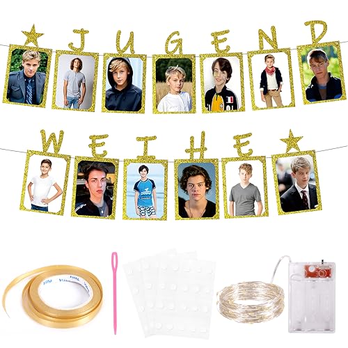 Jugendweihe Deko Fotowand, Glitzer Gold Deko Banner, inkl. 13 Kraftpapier Karten und LED Foto Lichterkette, Jugendweihe Geschenke für Fotogirlande, Deko Jugendweihe für Junge & Mädchen (Gold-2) von Charfia