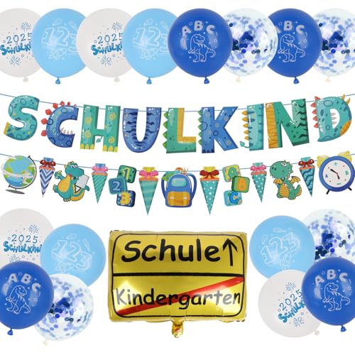 SCHULKIND 2025 Deko Einschulung Junge, Deko Set zum Schulanfang, Zuckertüten Banner + 16 Luftballon mit ABC 123 Schultüte Motiv + Girlande und Konfetti Folienballon SCHULKIND 2025 Deko Einschulung Junge, Deko Set zum Schulanfang, Zuckertüten Banner + 16 Luftballon mit ABC 123 Schultüte Motiv + Girlande und Konfetti Folienballon von Charinor