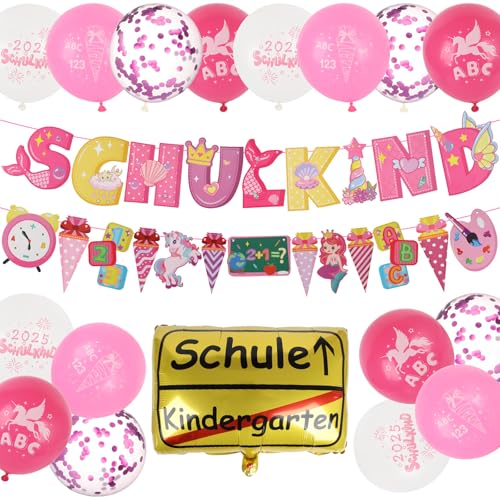 SCHULKIND 2025 Deko Einschulung Mädchen, Deko Set zum Schulanfang, Zuckertüten Banner + 16 Luftballon mit ABC 123 Schultüte Motiv + Girlande und Konfetti Folienballon SCHULKIND 2025 Deko Einschulung Mädchen, Deko Set zum Schulanfang, Zuckertüten Banner + 16 Luftballon mit ABC 123 Schultüte Motiv + Girlande und Konfetti Folienballon von Charinor