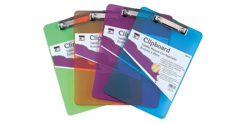 Charles Leonard Transparentes Kunststoff-Klemmbrett mit flachem Profil und ausziehbarem Haken, Briefgröße, verschiedene Neonfarben (je 3 Stück lila/blau/grün/orange), 12er-Pack (89770) von Charles Leonard
