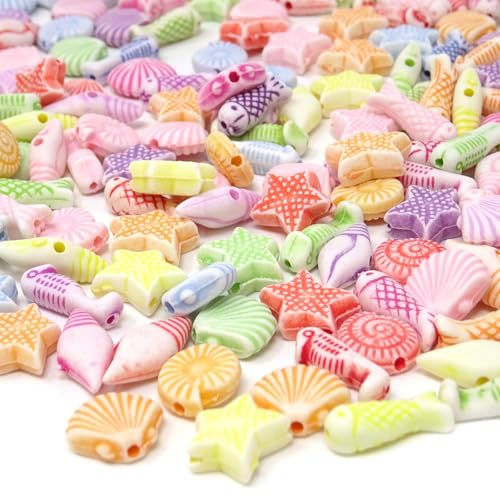 CharmBurst 300 Stück Niedliche Acrylperlen Seestern, Mini Muscheln, Sterne, Meeresleben, Bunte Perlen für Schmuckbasteln und DIY Deko, Sommerliche Meeresdekoration von CharmBurst