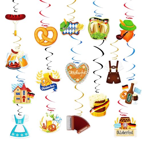 CharmBurst 32 Stück Oktoberfest Deko Set Blau Weiß, Spiral Girlande Und Deckenhänger Für Party, Bayerische Wiesn Deko Zum Aufhängen, Traditionelle Oktoberfest Raumdeko von CharmBurst