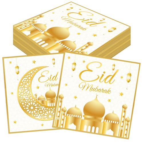CharmBurst 40 Stück Ramadan Servietten, Eid Mubarak Ramadan Deko, Gold Weiße Servietten für Ramadan Tischdeko, Eid Mubarak Streudeko, Ramadan Kareem Servietten von CharmBurst