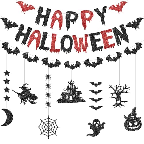 CharmBurst Glitzer Halloween Banner, Schwarz-Rot Girlande, Papier Schild, Fledermäuse Banner, Hängende Girlanden, Gruselige Dekorationen für Party und Halloween-Feiern von CharmBurst