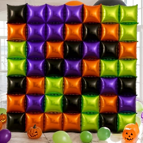 Charnoel 50 Stück Halloween Ballon Girlande Bogen Kit Schwarz Orange Grün Lila Doppelseitig Quadratisch Folienballons Wand Hintergrund 48,3 cm Tunnel Kit für Halloween Party Hintergrund Klassenzimmer von Charnoel