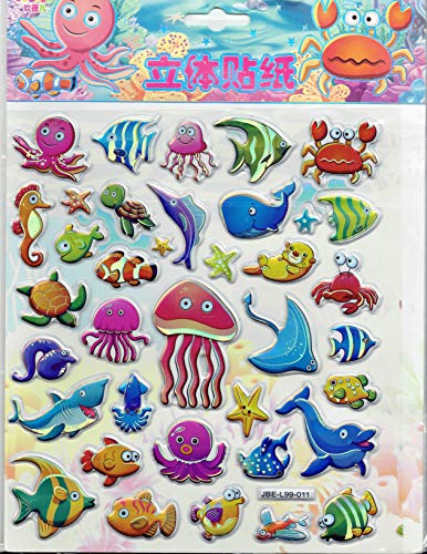 Charo 3D Fische Qualle Octopus Tintenfisch Schildkröte Wal bunt Aufkleber 1 Blatt 250 mm x 200 mm Sticker Basteln Kinder Party von Charo
