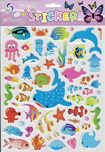 Charo 3D Fische Wal Delphin Zierfisch Octopus Tintenfisch Seepferdchen bunt Aufkleber 1 Blatt 250 mm x 200 mm Sticker Basteln Kinder Party von Charo