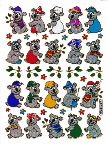 Charo Koala Bär Eukalyptus Tiere bunt Aufkleber 38-teilig 1 Blatt 135 mm x 100 mm Sticker Basteln Kinder Party Metallic-Look von Charo