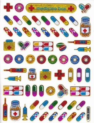Medizin Tabletten Arznei bunt Aufkleber 65-teilig 1 Blatt 135 mm x 100 mm Sticker Basteln Kinder Party Metallic-Look von Charo