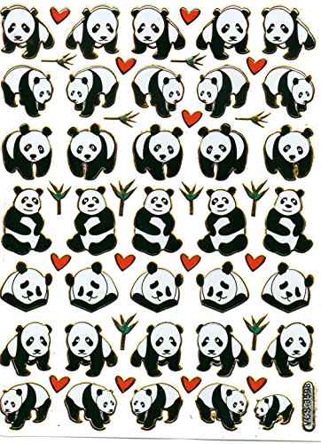 Charo Panda Pandabär Bär Tiere bunt Aufkleber 57-teilig 1 Blatt 135 mm x 100 mm Sticker Basteln Kinder Party Metallic-Look von Charo
