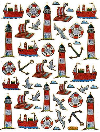 Leuchtturm Floß Anker Schiff bunt Aufkleber 45-teilig 1 Blatt 135 mm x 100 mm Sticker Basteln Kinder Party Metallic-Look Leuchtturm Floß Anker Schiff bunt Aufkleber 45-teilig 1 Blatt 135 mm x 100 mm Sticker Basteln Kinder Party Metallic-Look von Charo