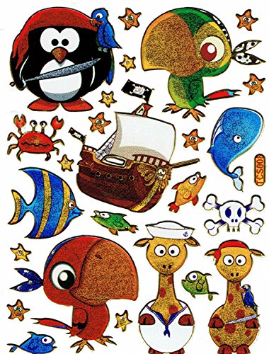 Piraten Säbel Fische krabbe Piratenschiff Papagei bunt Aufkleber 25-teilig 1 Blatt 135 mm x 100 mm Sticker Basteln Kinder Party Metallic-Look von Charo