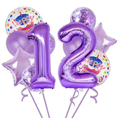 12 Stück lila Folienballons für den 12. Geburtstag, Partyzubehör, Dekoration, Konfetti-Ballon, Kinder-Party-Ballon, Geburtstagsparty-Zubehör, 12 Jahre alt, Geburtstagsballon für Kinder (12. Geburtstag von Chaungfu