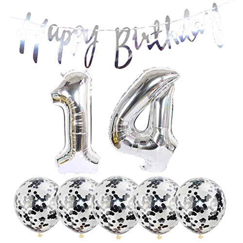 14 Geburtstag Dekoration Happy Birthday Banner Luftballons 14 Jahre alt Geburtstag Party Supplies Helium Ballons Zahl 14 Luftballons Latex Ballon Folienballon, 14 Silber Geburtstag Party Dekoration von Chaungfu