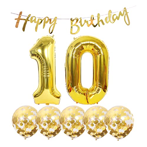 2 Luftballons Zahl 10 Gold+5 Konfetti Luftballons+gold banner Folienballon 10.Geburtstags deko Männer frauen 10 Jahr Geburtstags deko Zahlenballon 10 Luftballons 10 Geburtstags Mann frau von Chaungfu
