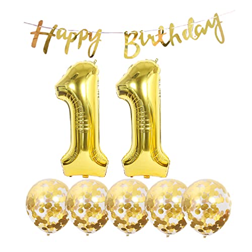 2 Luftballons Zahl 11 Gold+5 Konfetti Luftballons+gold banner Folienballon 11.Geburtstags deko Männer frauen 11 Jahr Geburtstags deko Zahlenballon 11 Luftballons 11 Geburtstags Mann frau von Chaungfu