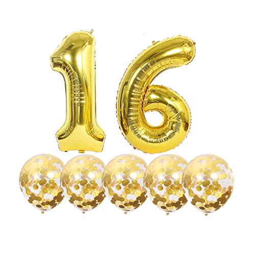 2 Luftballons Zahl 16 Gold+5 Konfetti Luftballons+gold banner Folienballon 16.Geburtstags deko Männer frauen 16 Jahr Geburtstags deko Zahlenballon 16 Luftballons 16 Geburtstags Mann frau von Chaungfu