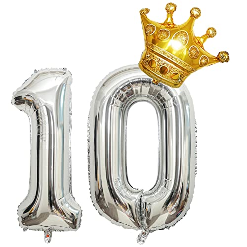 Krone 81,3 cm großer Folienballon "Happy Birthday", Geburtstagsfeier-Dekoration, Zubehör zum 10. Geburtstag, Partydekorationen, silberfarbener Zahlenballon 10 mit Mini-Krone von Chaungfu