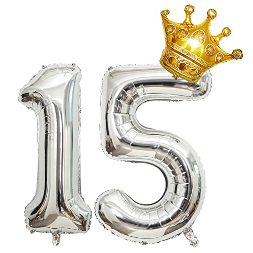 Krone 81,3 cm großer Folienballon "Happy Birthday", Geburtstagsfeier-Dekoration, Zubehör zum 15. Geburtstag, Partydekorationen, silberfarbener Zahlenballon 15 mit Mini-Krone von Chaungfu