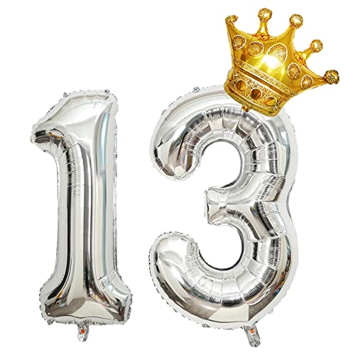 Krone 81,3 cm großer Folienballon "Happy Birthday", Geburtstagsfeier-Dekorationen, Zubehör zum 13. Geburtstag, Partydekorationen, silberfarbener Zahlenballon 13 mit Mini-Krone von Chaungfu
