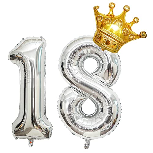 Krone 81,3 cm großer Folienballon "Happy Birthday", Geburtstagsfeier-Dekorationen, Zubehör zum 18. Geburtstag, Partydekorationen, silberfarbener Zahlenballon 18 mit Mini-Krone von Chaungfu