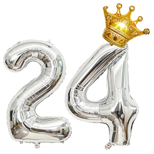 Krone 81,3 cm großer Folienballon "Happy Birthday", Geburtstagsfeier-Dekorationen, Zubehör zum 24. Geburtstag, Partydekorationen, silberner Zahlenballon 24 mit Mini-Krone von Chaungfu