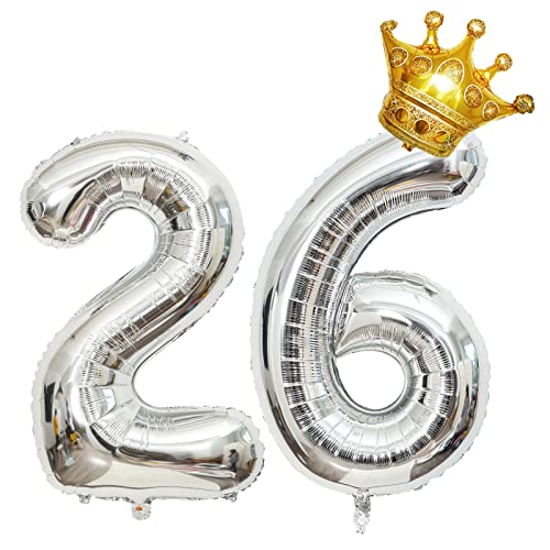 Krone 81,3 cm großer Folienballon "Happy Birthday", Geburtstagsfeier-Dekorationen, Zubehör zum 26. Geburtstag, Partydekorationen, silberfarbener Zahlenballon 26 mit Mini-Krone von Chaungfu
