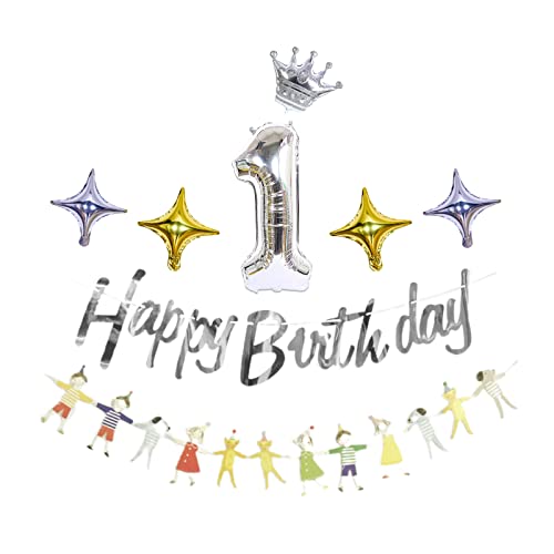 Luftballon 1. Geburtstag Silber, Geburtstagsdeko Mädchen Jungen1 Jahr, Happy Birthday Folienballon 1, Ballon 1 Deko zum Geburtstag，dekorationsset zum 1. Geburtstag von Prinzessin und Prinz von Chaungfu