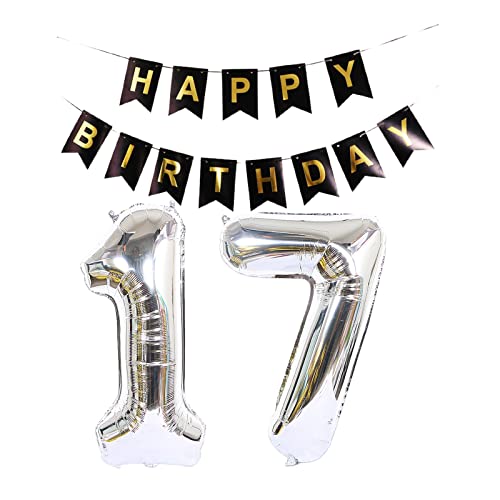 Luftballon 17. Geburtstag Silber, Geburtstagsdeko 17 Jahr, Ballon 17. Geburtstag, Riesen Folienballon Zahl 17, Happy Birthday Folienballon 17, Happy Birthday Banner für Mädchen und Jungen，XXL von Chaungfu