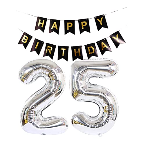 Chaungfu Luftballon 25. Geburtstag Silber, Geburtstagsdeko 25 Jahr, Ballon, Riesen Folienballon Zahl, Happy Birthday, Banner für Mädchen und Jungen，XXL von Chaungfu
