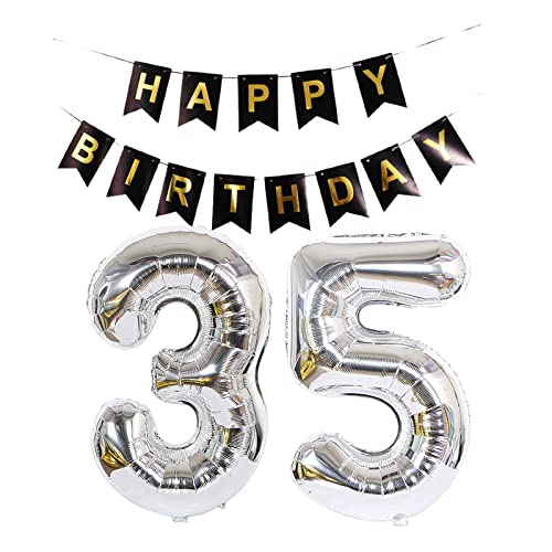 Luftballon 35. Geburtstag Silber, Geburtstagsdeko 35 Jahr, Ballon 35. Geburtstag, Riesen Folienballon Zahl 35, Happy Birthday Folienballon 35, Happy Birthday Banner für Mädchen und Jungen，XXL von Chaungfu