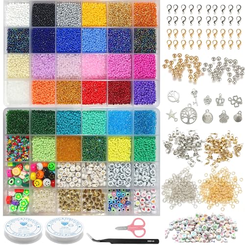Chedin 2mm Bunte glasperlen Selber Machen Set,perlen zum auffädeln, perlen set schmuck, Ringen armband selber, perlenset für armbänder, Geschenke für Mädchen (2 Box Set) von Chedin
