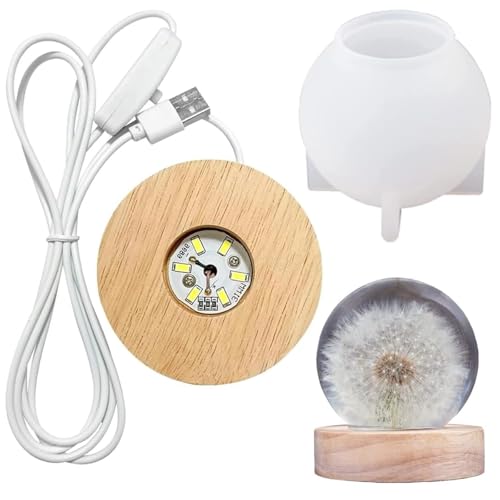 Chedin DIY Runde Silikon Form mit Lampenfassung, LED Lampe Kugel Epoxidharz Formen, Basteln Resin Gießform for Kleine Tischlampe (Silikonformen-Set Kaltweiß Lampenfuß) von Chedin