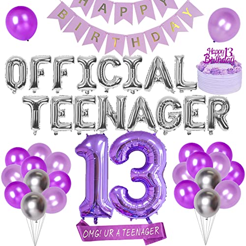 Cheereveal 13 Geburtstag Dekorationen für Mädchen Lila und Silber, Offizielles Teenager Luftballons Banner, Happy Birthday, Omg Ur A Teenager Schärpe, Zahl 13 Folienballon, Geburtstag Party Supplies von Cheereveal