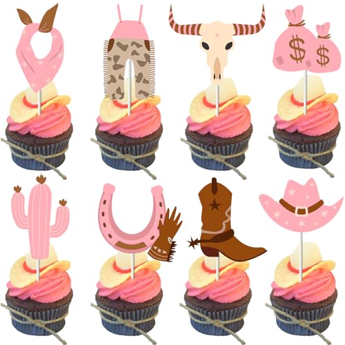 24 Stück Cowgirl Cupcake Toppers, 8 Formen rosa Hüte Stiefel Kaktus Cupcake Picks, mein erstes Rodeo Western Thema Baby Dusche Geburtstag Party Kuchen Dekoration Zubehör von Cheereveal