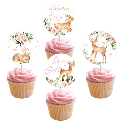24 Stück Oh Deer Cupcake Topper für Mädchen, Pink Deer Baby Shower Dekorationen, Willkommen Baby Cupcake Picks Kuchen Party Zubehör von Cheereveal