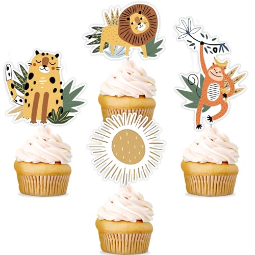 24pcs Dschungel-Safari-Tier-Cupcake-Topper, Boho-Wildtier-Cupcake-Picks-Dekoration, Retro-Dschungelsafari-Boho-Thema-Babyparty-Geburtstagsparty-Zubehör von Cheereveal