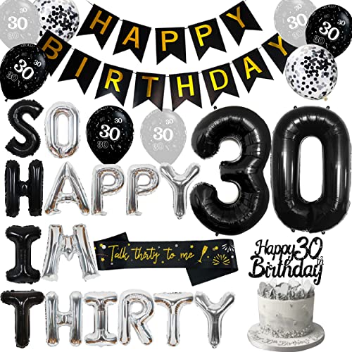 Cheereveal 30. Geburtstag Dekoration Schwarz und Silber So Happy I'm Thirty Lustige 30. Geburtstag Luftballons für Männer Frauen Talk Thirty to Me Schärpe Zahl 30 Folienballon Glitzer Tortenaufsatz Cheereveal 30. Geburtstag Dekoration Schwarz und Silber So Happy I'm Thirty Lustige 30. Geburtstag Luftballons für Männer Frauen Talk Thirty to Me Schärpe Zahl 30 Folienballon Glitzer Tortenaufsatz von Cheereveal