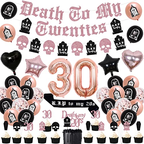 Cheereveal 30. Geburtstag Dekorationen Schwarz und Roségold, Death To My 20s Party Supplies with Banner Cake Topper Rip to My 20s Sash Number 30 Folienballon for My Youth Funny Thirty Birthday Party von Cheereveal