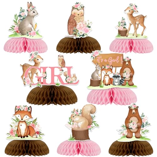 8 Stück Waldtiere Babyparty Wabenaufsätze für Mädchen, rosa Blumenwald-Tischdekorationen, Waldtier-Thema, Partyzubehör von Cheereveal