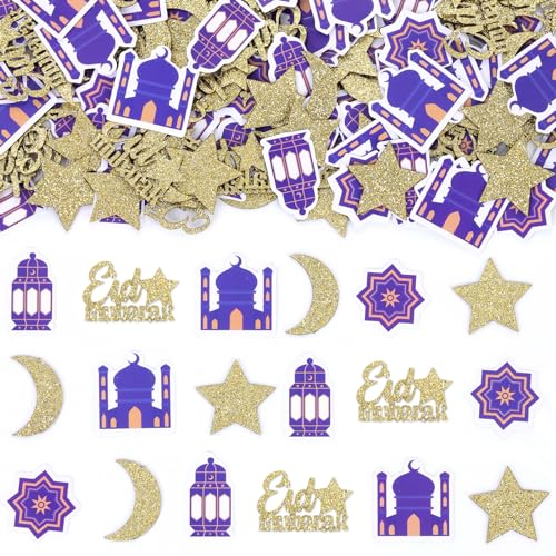 Cheereveal 200 Stück Eid Mubarak Tischkonfetti, Lila Gold Halbmond und Sterne Tischdekorationen, Moschee Laterne Glitzer Konfetti für Ramadan Feiern, Ramadan Kareem Eid Al-Adha Party von Cheereveal