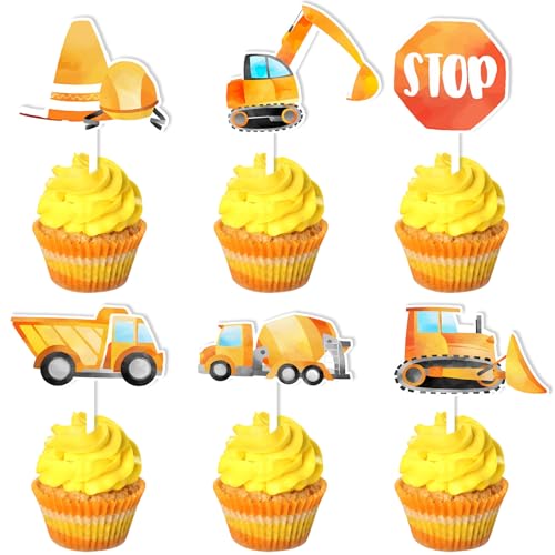Cheereveal 24 Pcs Bau Cupcake Toppers, Dump Truck Cupcake Picks, Stop Zeichen Bagger Traktor, unter Bau-Thema Baby Dusche Geburtstag Party Supplies Dekoration von Cheereveal
