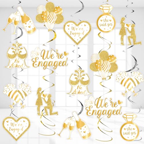 Cheereveal 24 Sets Verlobungsparty-Hängewirbel – Gold und Weiß "We're Engaged", Folienwirbel, Decken-Wanddekoration, He Asked She Said Yes Hochzeit, Brautparty, Party-Dekorationen von Cheereveal